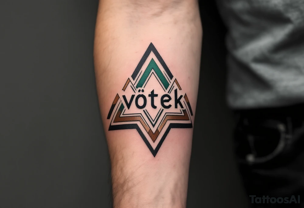 Vítek written in strong, clean letters, surrounded by geometric triangles in shades of forest green and earthy brown. tattoo idea
