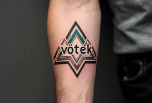 Vítek written in strong, clean letters, surrounded by geometric triangles in shades of forest green and earthy brown. tattoo idea