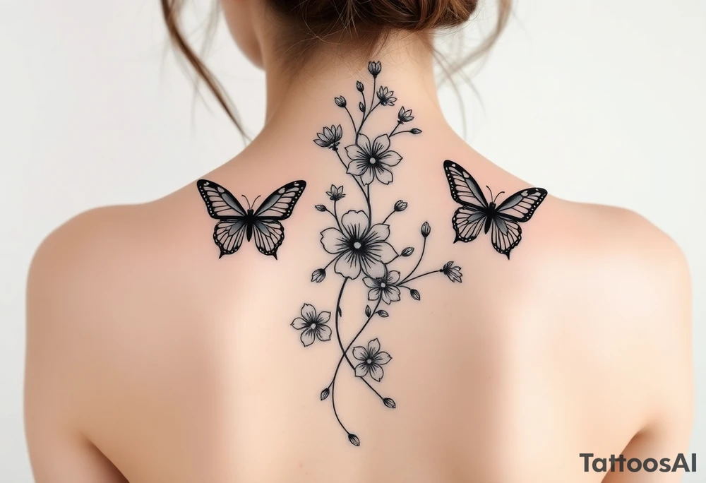 Delicate, simple floral spine tattoo with butterflies tattoo idea