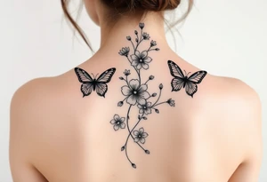 Delicate, simple floral spine tattoo with butterflies tattoo idea