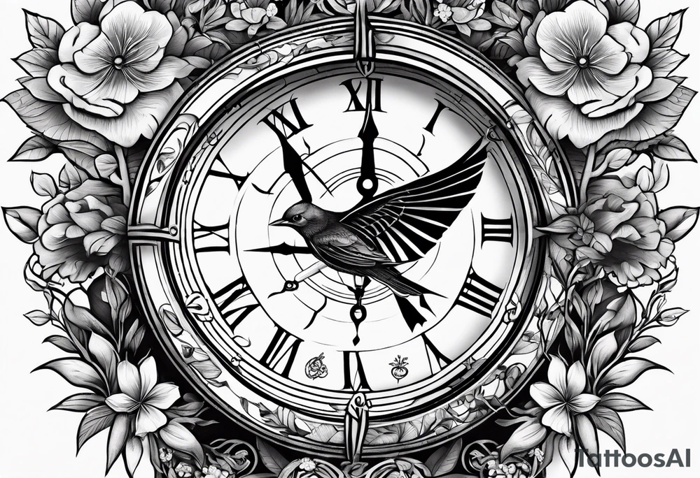 combination of a floating nautical compass and a old school clock face, and a doctor bird and tree of life and decorated with lignum vitae flowers, 3/4 sleeve on arm, flowing down the arm tattoo idea