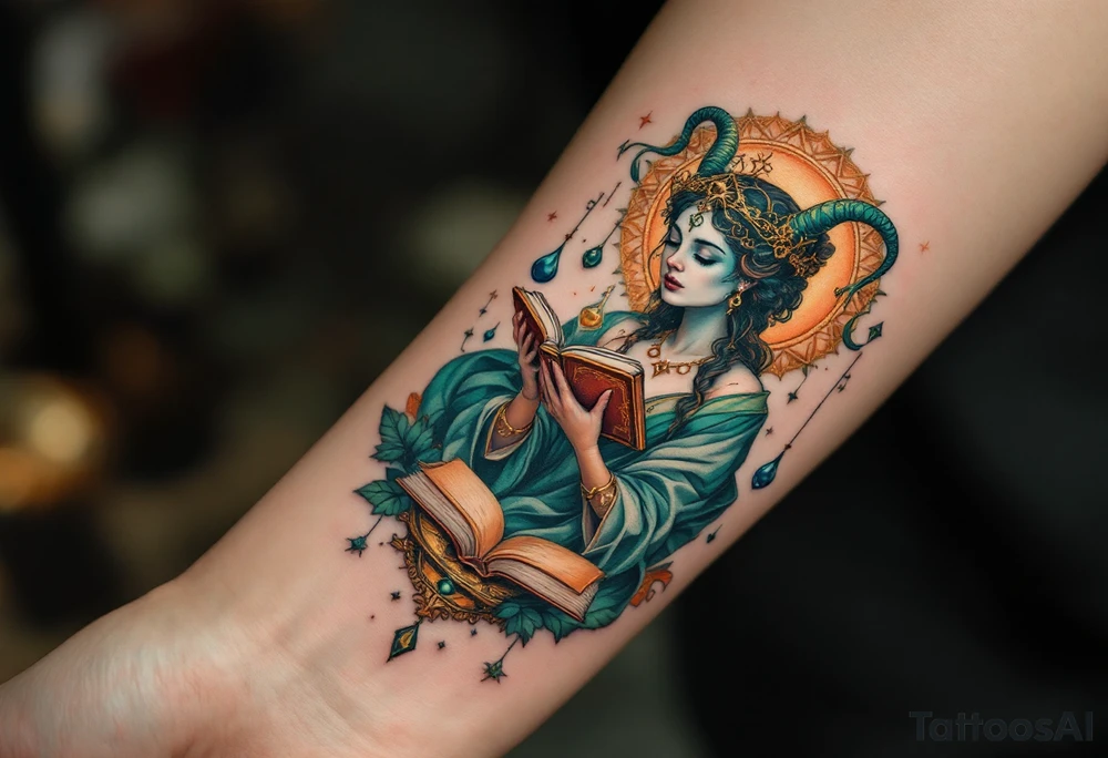A Virgo figure as an alchemist, surrounded by books, vials, and magical symbols, embodying intelligence and perfectionism. The design is rich in emerald green, warm copper, and antique gold, highlighting Virgo’s analytical and detail-oriented nature. tattoo idea