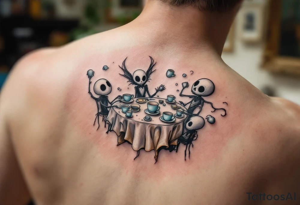 Tim Burton’s haunted tea party features pale blue porcelain cups floating around ghostly characters in foggy grays. tattoo idea
