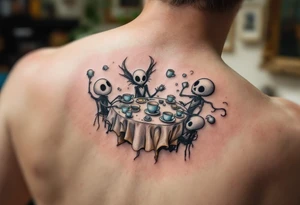 Tim Burton’s haunted tea party features pale blue porcelain cups floating around ghostly characters in foggy grays. tattoo idea