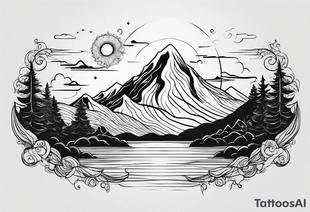 Line art minimalist sun mountain water simple 
Basic tattoo idea