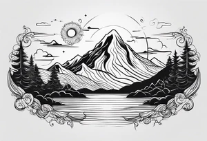 Line art minimalist sun mountain water simple 
Basic tattoo idea