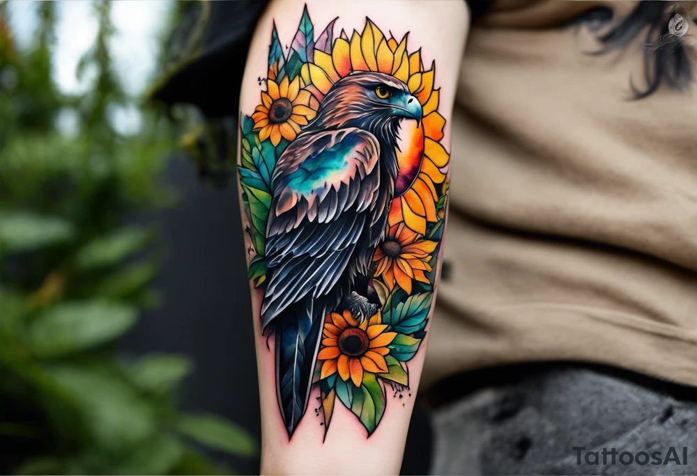Small Watercolor inside arm tattoo, 4 inches. Black kite (Daya's name), nature (trees/flowers), rock/metal vibe (bold lines), sunflower. Bright colors! tattoo idea