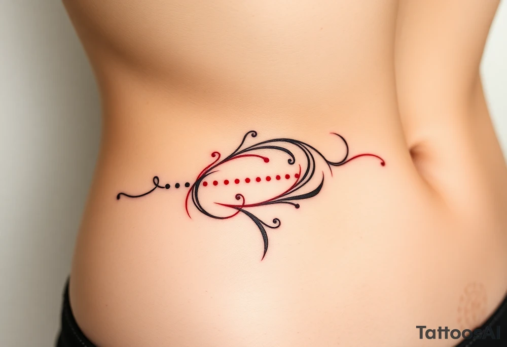 “-... .-. .- . .- .-.. ....... -.. .- .-- --- --- -.. .......” with swirl design in red ink on female hip bone/lower stomach tattoo idea
