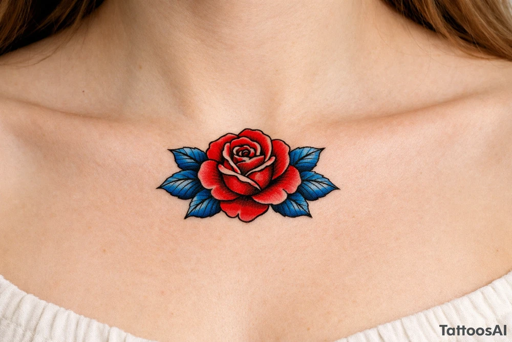 Red rose , blue leaves no stem tattoo idea