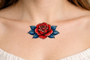 Red rose , blue leaves no stem tattoo idea