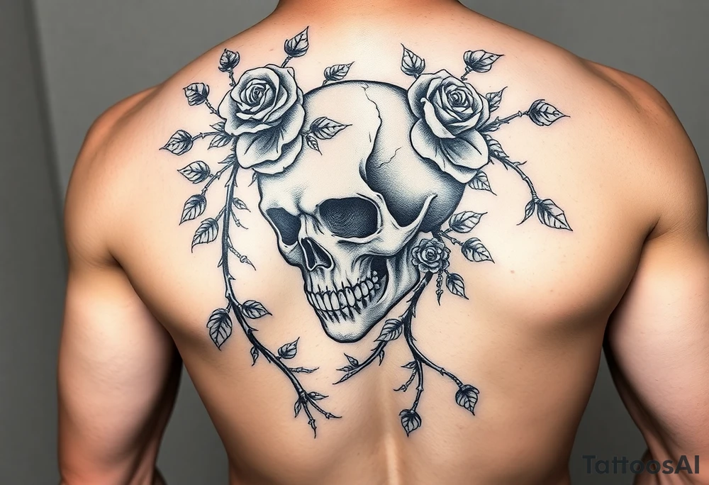 gothic skull intertwined with climbing roses and thorny vines tattoo idea