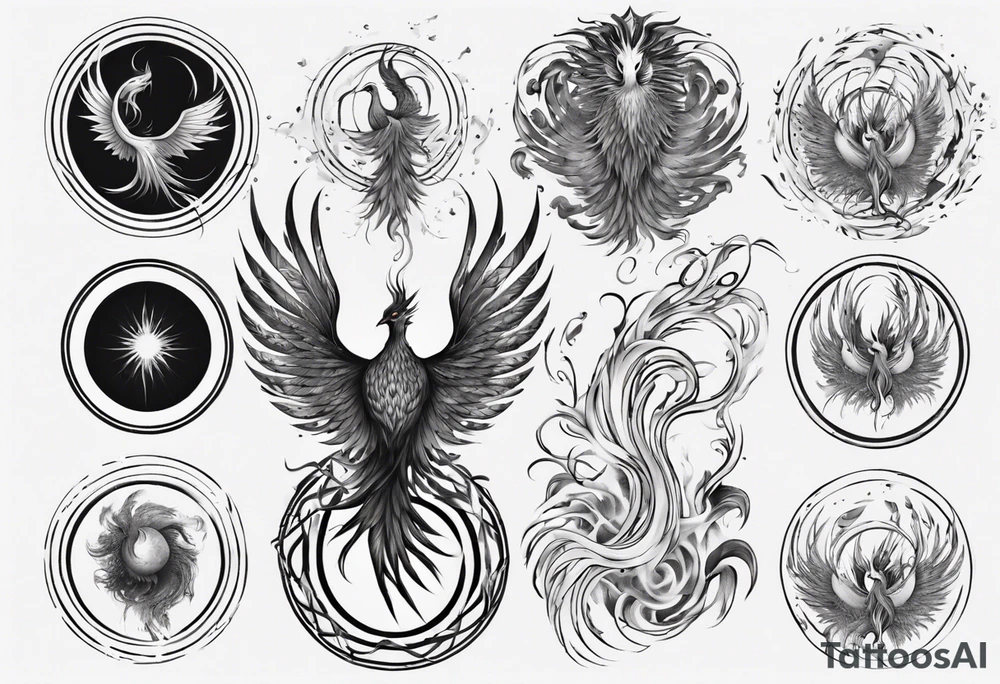 Phoenix rising blending in circles tattoo idea