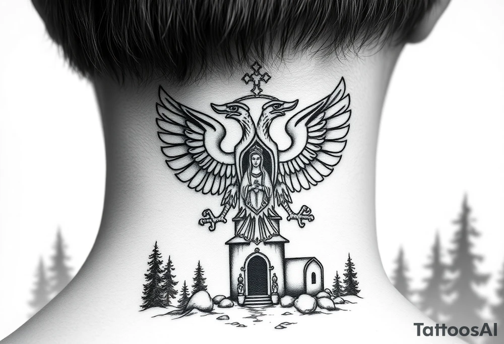 russian coat of arms double headed eagle traditional christian orthodox cross with a virgin mary stood in the entrance of a russian orthodox dome church on the side of the neck in a wilderness setting tattoo idea