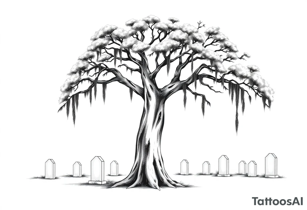 Oak tree with Spanish moss in a cemetery tattoo idea