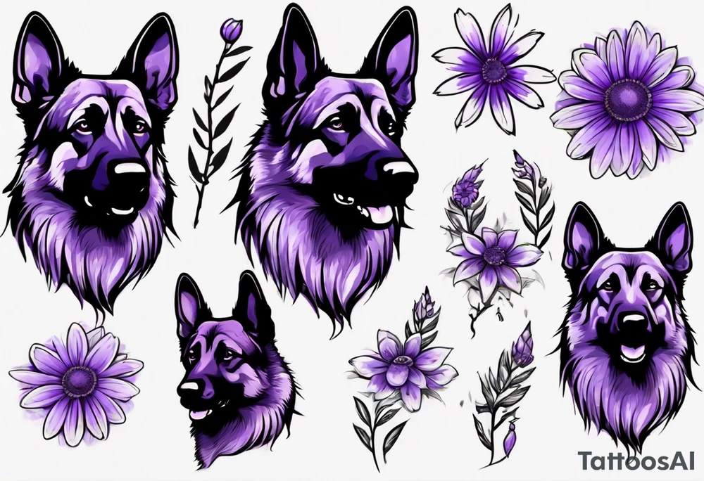 Dark brown German Shepherd with purple daisies tattoo idea