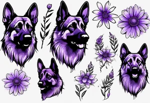 Dark brown German Shepherd with purple daisies tattoo idea