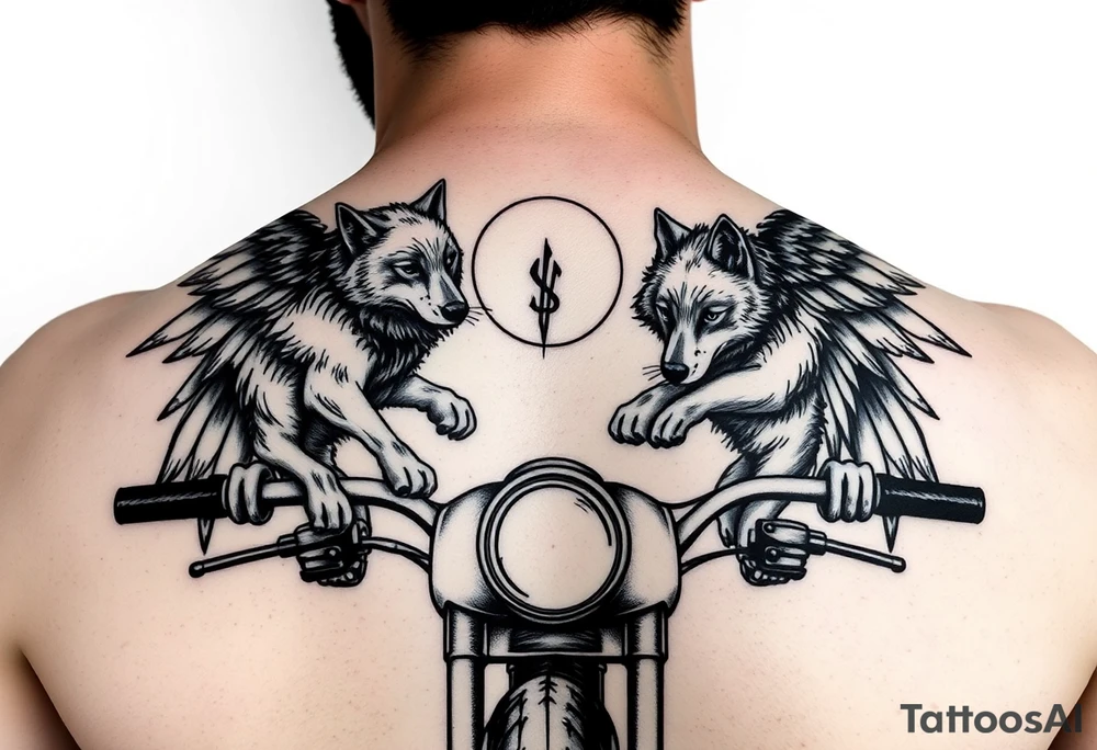 guardian angel wolves on a motorcycle tattoo idea