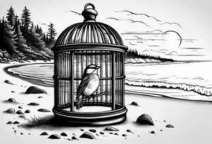 An open birdcage on the Oregon 
beach with the words be free, small enough to be on the wrist tattoo idea