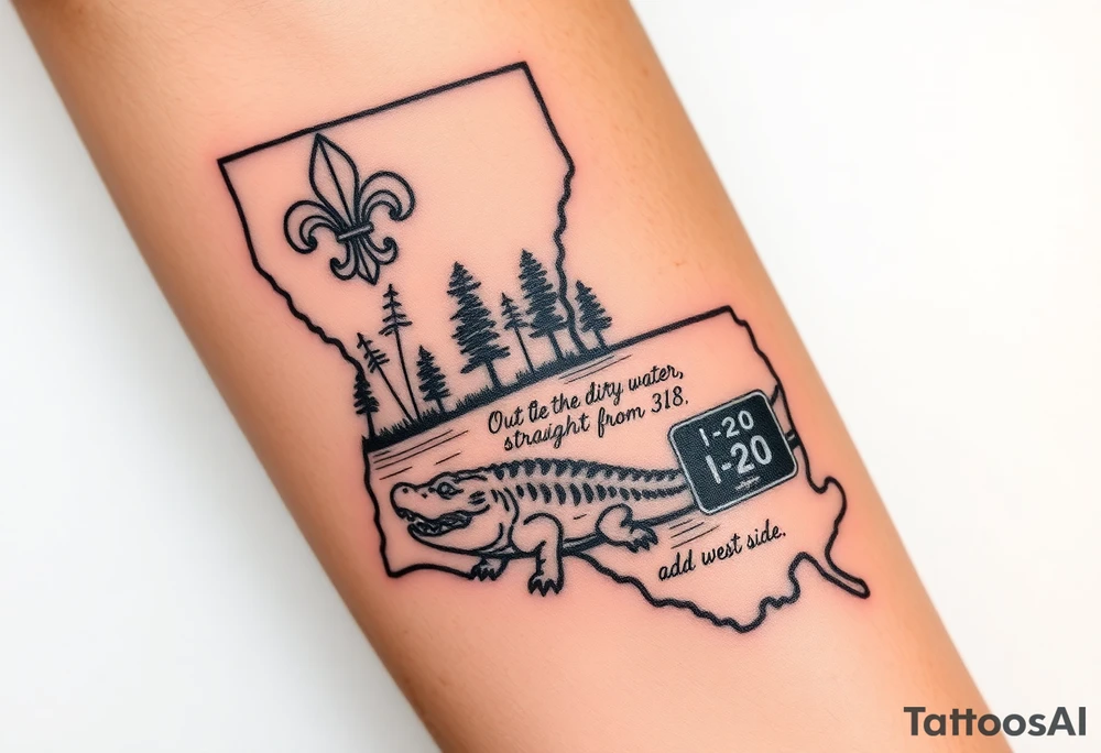 Big Louisiana state outline with fleur-de-lis, a bayou with a gator and trees , the 318 area code and and quote that says  Out the dirt, out the water, straight from 318 , a sign that says I- 20 . Below that add west side , tattoo idea