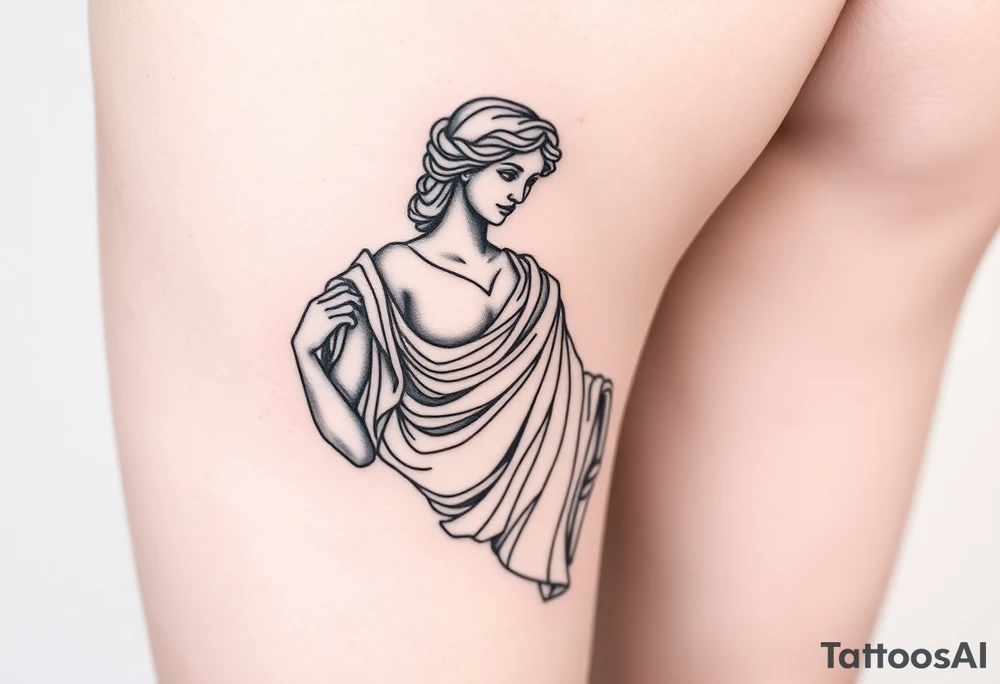 outer thigh tattoo greek sculpture female, fine line tattoo idea
