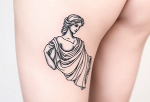outer thigh tattoo greek sculpture female, fine line tattoo idea