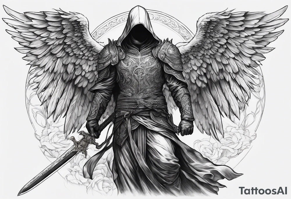 realistic angel of death, man, full body, no face visible, holding one sword, sword pointing downwards, both hands are holding the sword tattoo idea
