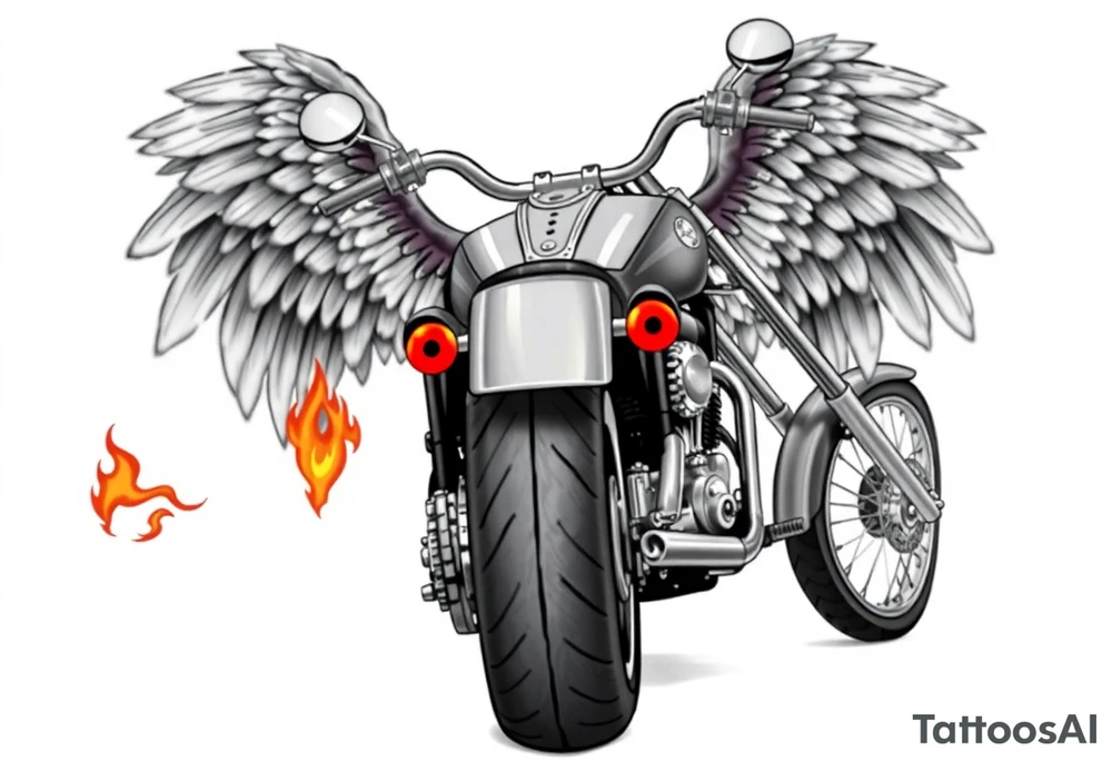 Low rider grey motorcycle, big muffler pipes with flames, angel wings, driving away, no person tattoo idea