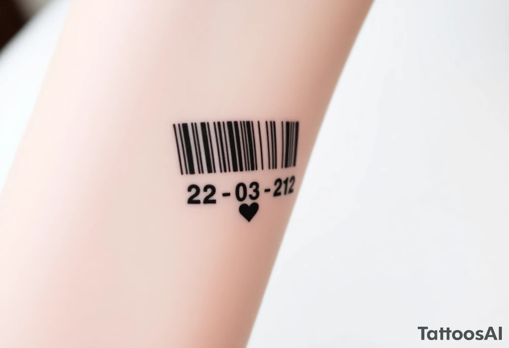 minimalist barcode with the couple’s wedding date (22 - 03 - 2012) hidden in the numbers under barcode with heart tattoo idea