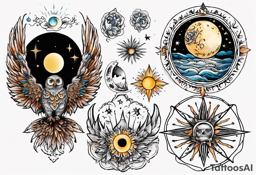Mond und Sonne mit Eule und Wassermann und Berlin tattoo idea