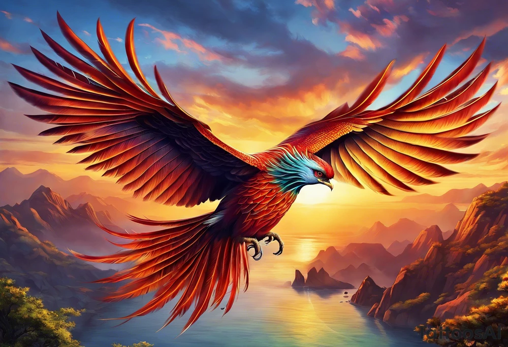 phoenix, 
chinese,
realistic, 
long tail,
elegant,
wing tips pointing down,
long neck,
long feathers,
in flight, tattoo idea