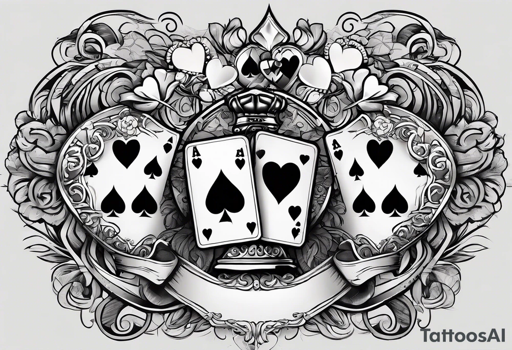 6 aces, overlapping in a row, first two faded and worn aces of hearts and the later ones new and strong tattoo idea