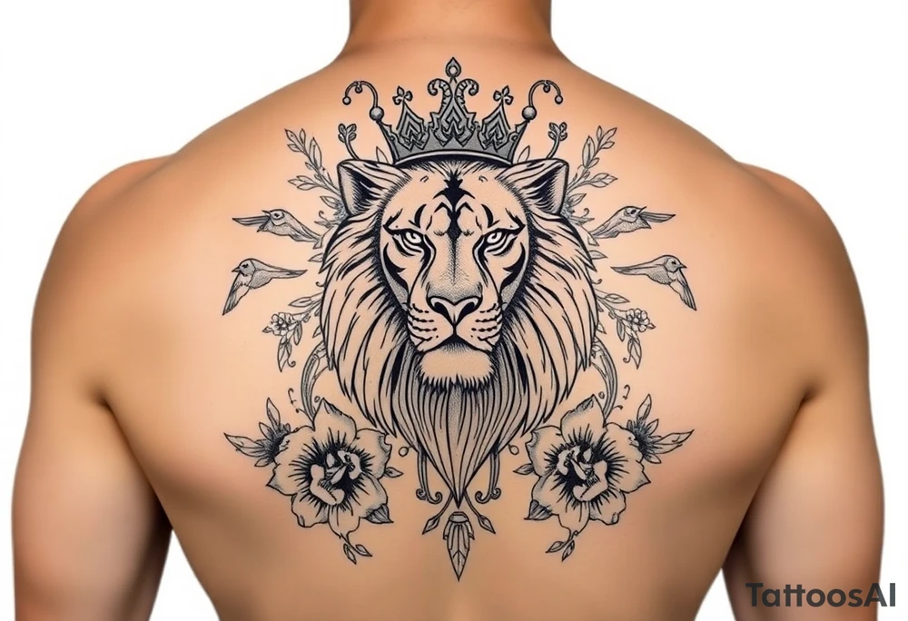 powerful majestic lion with a crown, surrounded by floral ornaments and birds tattoo idea