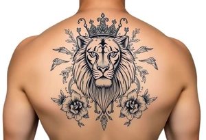 powerful majestic lion with a crown, surrounded by floral ornaments and birds tattoo idea