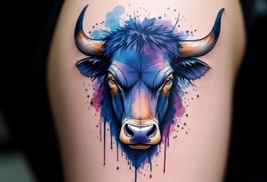 Watercolor Bull – A bold bull head painted in splashes of dark blue, purple, and brown, with watercolor drips and abstract lines forming its fierce expression. tattoo idea