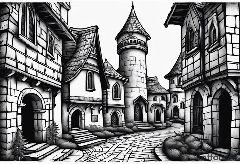 medieval tribal city land vignette tattoo idea