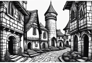 medieval tribal city land vignette tattoo idea