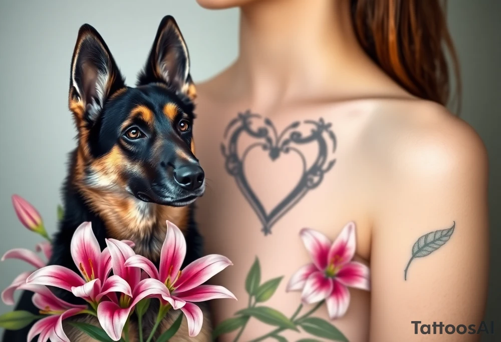 short haired german shepherd with alert ears looking protective surrounded by pink lilies with large leaves in front of a sacred heart tattoo idea