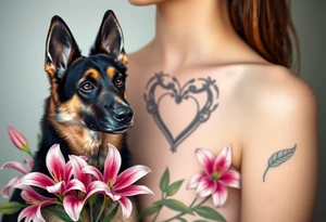 short haired german shepherd with alert ears looking protective surrounded by pink lilies with large leaves in front of a sacred heart tattoo idea