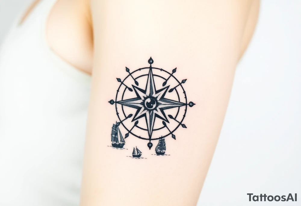 antique compass rose overlaid on weathered world map with sailing ships with light house tattoo idea