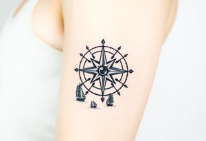 antique compass rose overlaid on weathered world map with sailing ships with light house tattoo idea