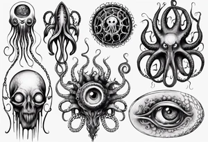 lovecraft theme with tentacle+++ and eyes for forearms tattoo idea