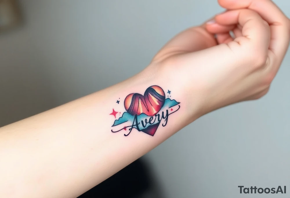 Geometric Volcano erupting into a heart with text Avery tattoo idea