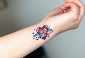 Geometric Volcano erupting into a heart with text Avery tattoo idea