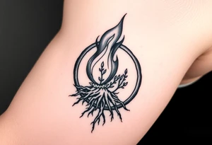 flame in a roots circle, with little sprouts on the circle tattoo idea