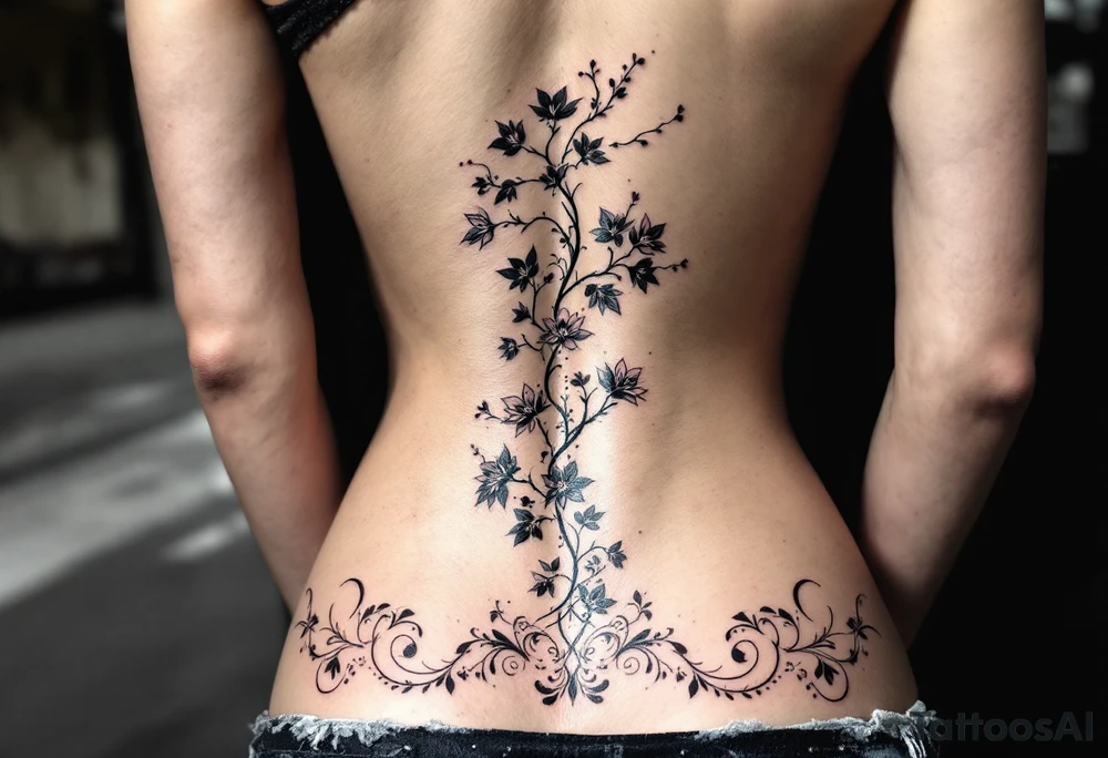 1.	Cherry Blossom Flow (Central Spine): A cascading cherry blossom flowing vertically along the spine to cover the central portion of the existing tattoo. Symmetrical patterns inspired by ornamental designs, with intricate curves and dotwork extending outward from the base of the spine. These elements should balance the floral motif and enhance the lower back area with a decorative, feminine flair.
	3.	Dotwork and Contouring: Delicate linework and dot patterns should be added around the floral design to give texture and seamlessly blend the tattoo with the surrounding skin. The ornamentation should curve naturally along the shape of the body, creating a cohesive, elegant look. tattoo idea