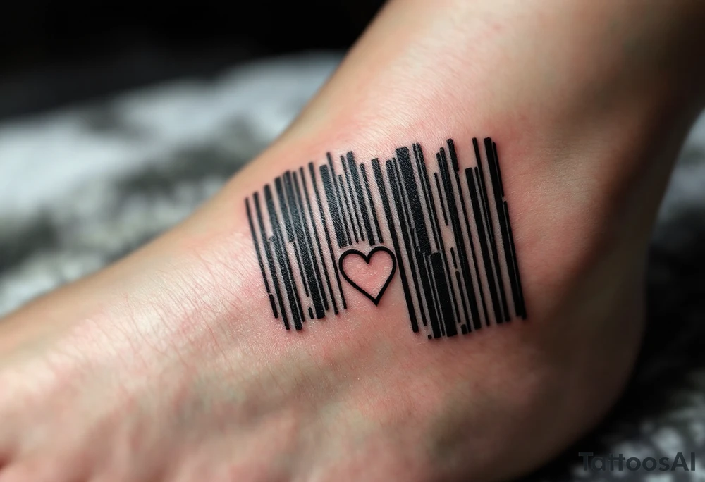 A sleek black barcode with a hidden heart symbol embedded within the lines, subtly revealing love when viewed closely. tattoo idea