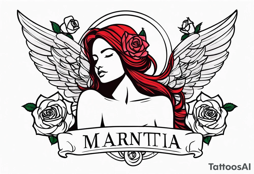 Angel, roses, name MARTINA tattoo idea