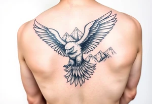 majestic eagle spreading wings against mountain peaks tattoo idea