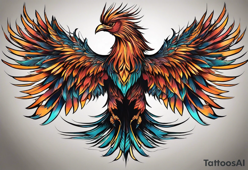 Tattoo: A powerful, majestic phoenix, depicted mid-flight or rising, with wings extended and feathers flowing. Deep shading and intricate details to bring out the texture and motion of the feathers. tattoo idea