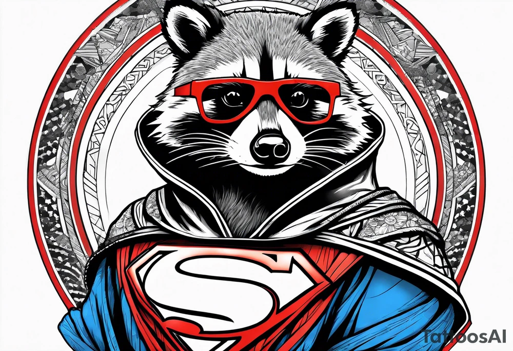 raccoon wearing a Superman hoodie tattoo idea